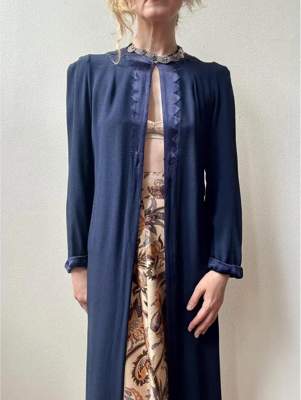 Vintage 1940s Lightweight Navy Satin Trimmed Duster Cardigan